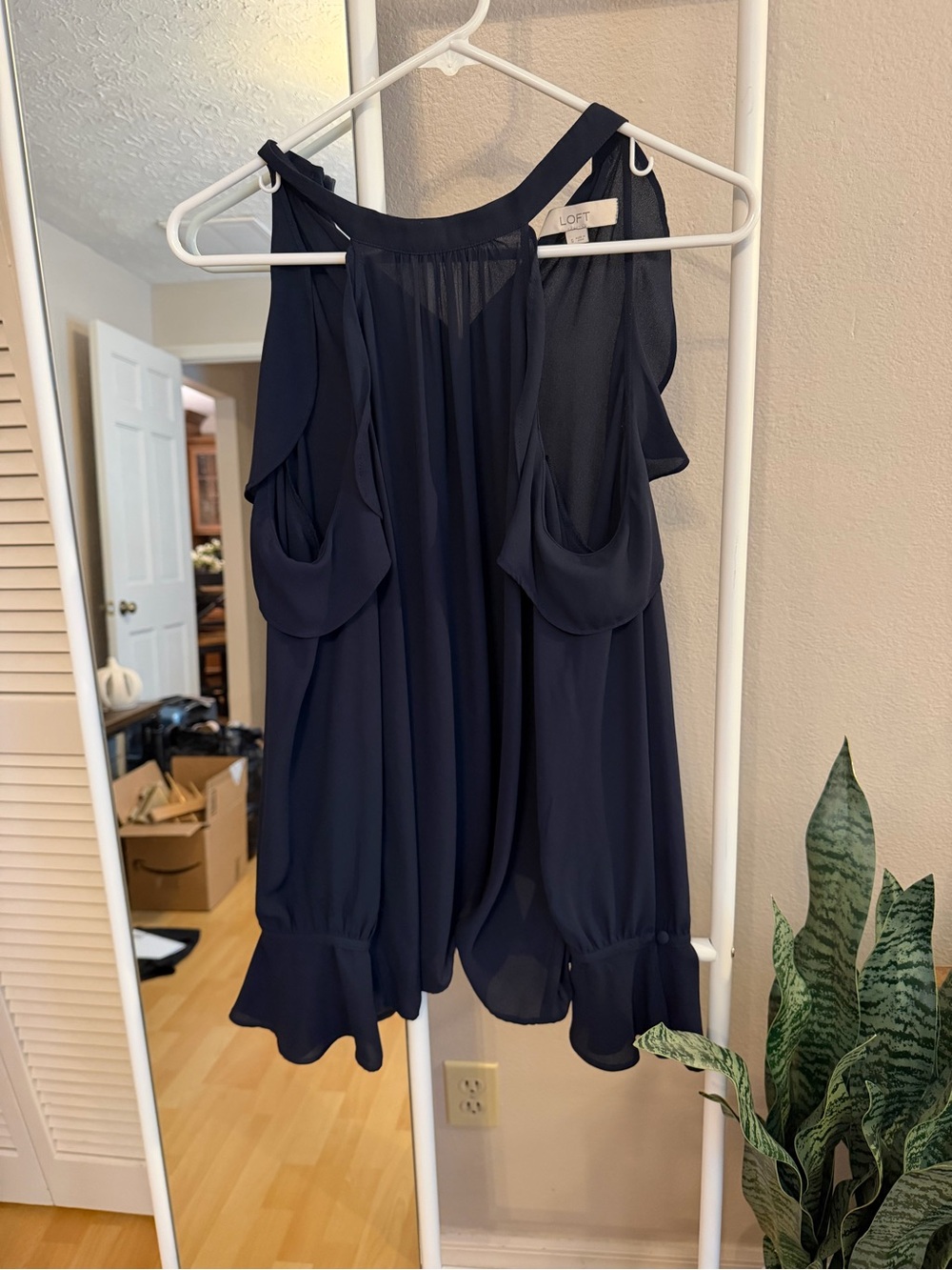 LOFT Navy off the shoulder Ruffle Detail Blouse